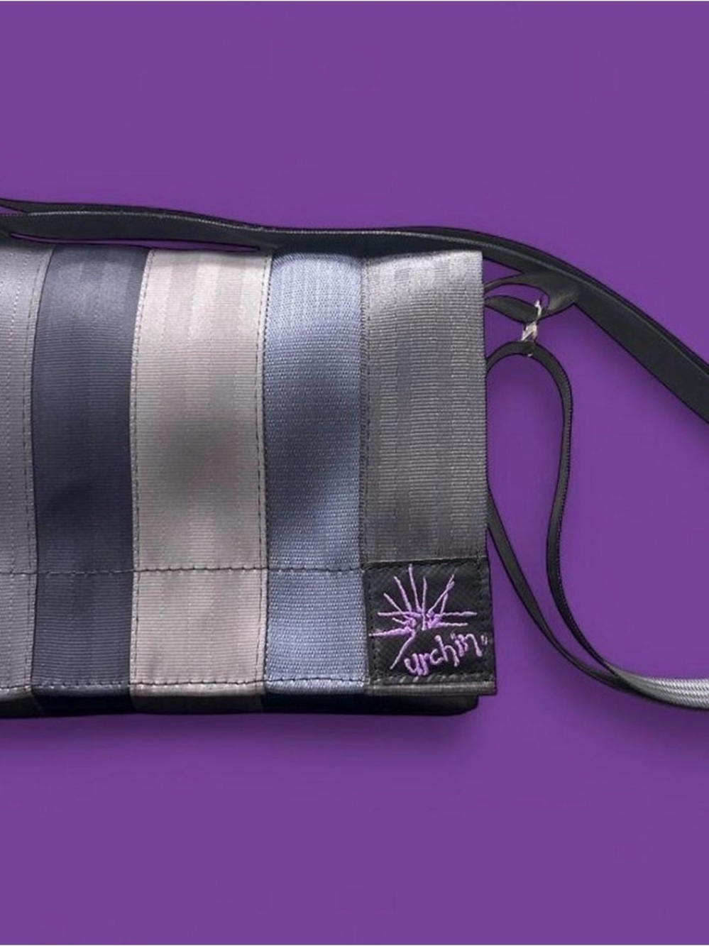 Urchin Bags Upcycled Seatbelt Crossbody Handmade Recycled Grey/Blue Eco Friendly